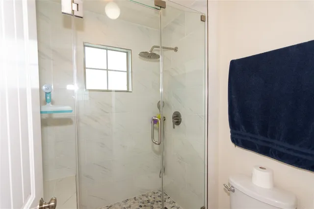 a bathroom with a shower and toilet