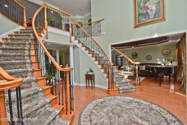 a view of a dining room with furniture