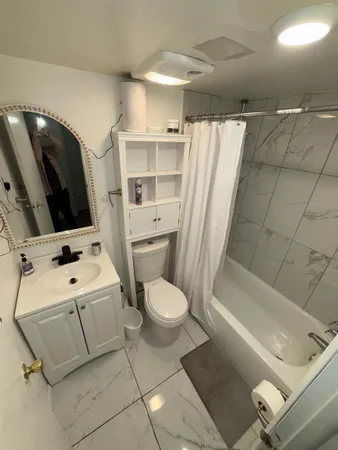 a bathroom with a toilet sink and mirror