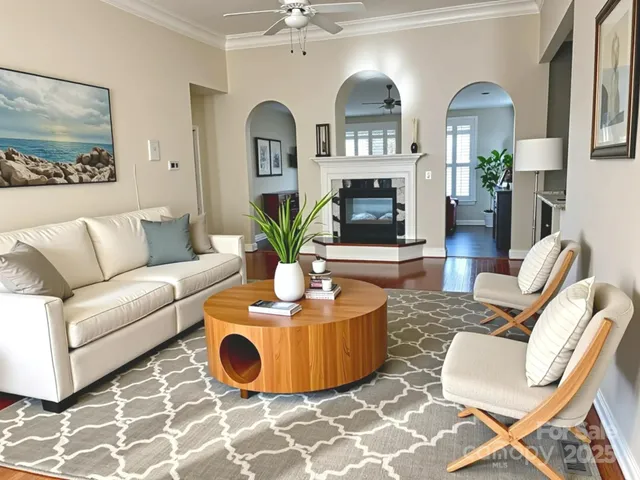 a living room with fireplace furniture and a wooden floor