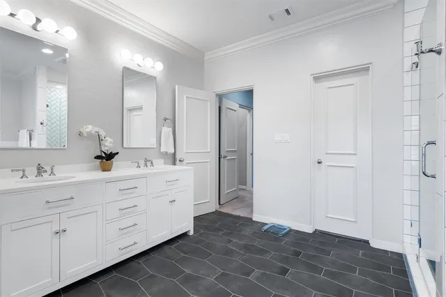 a bathroom with a double vanity sink a mirror and a shower