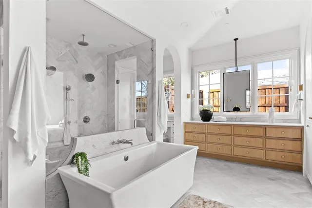 a bathroom with a bathtub