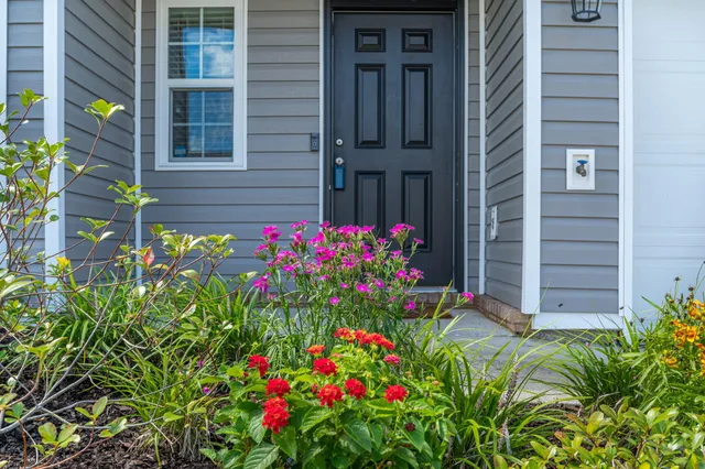 a view of a house with potted plants