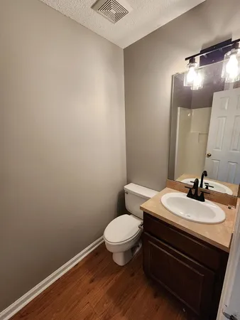 a bathroom with a sink a toilet a mirror and vanity