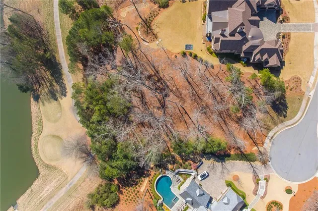 an aerial view of garden with swimming pool