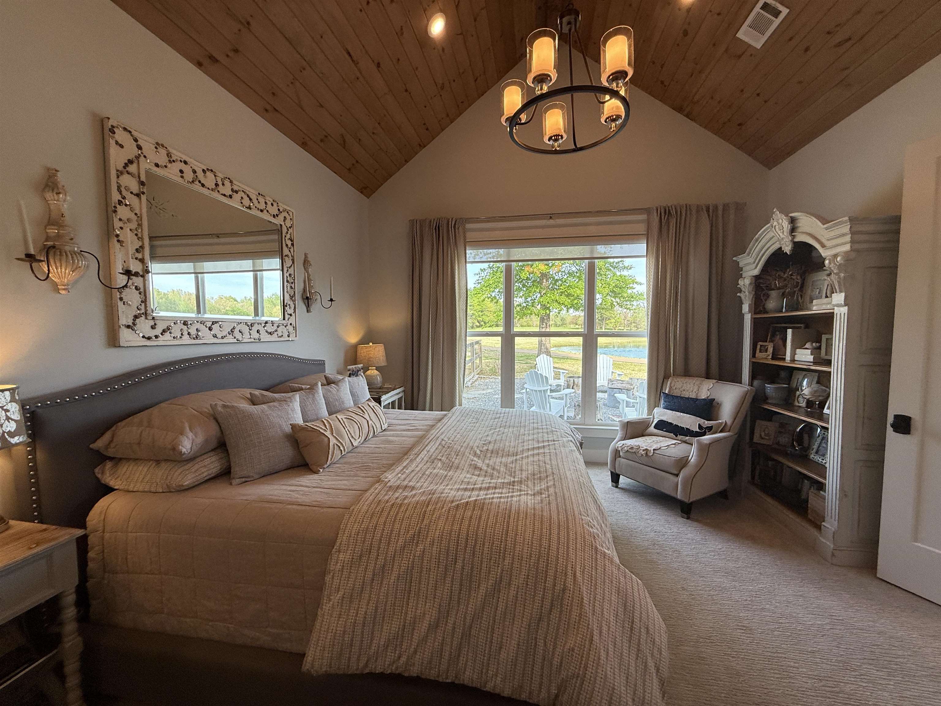 6900 Salem Road Lakeland, TN 38002 - Photo 22 of 40 Carpeted bedroom featuring suspended lighting, a high wood ceiling, and multiple windows