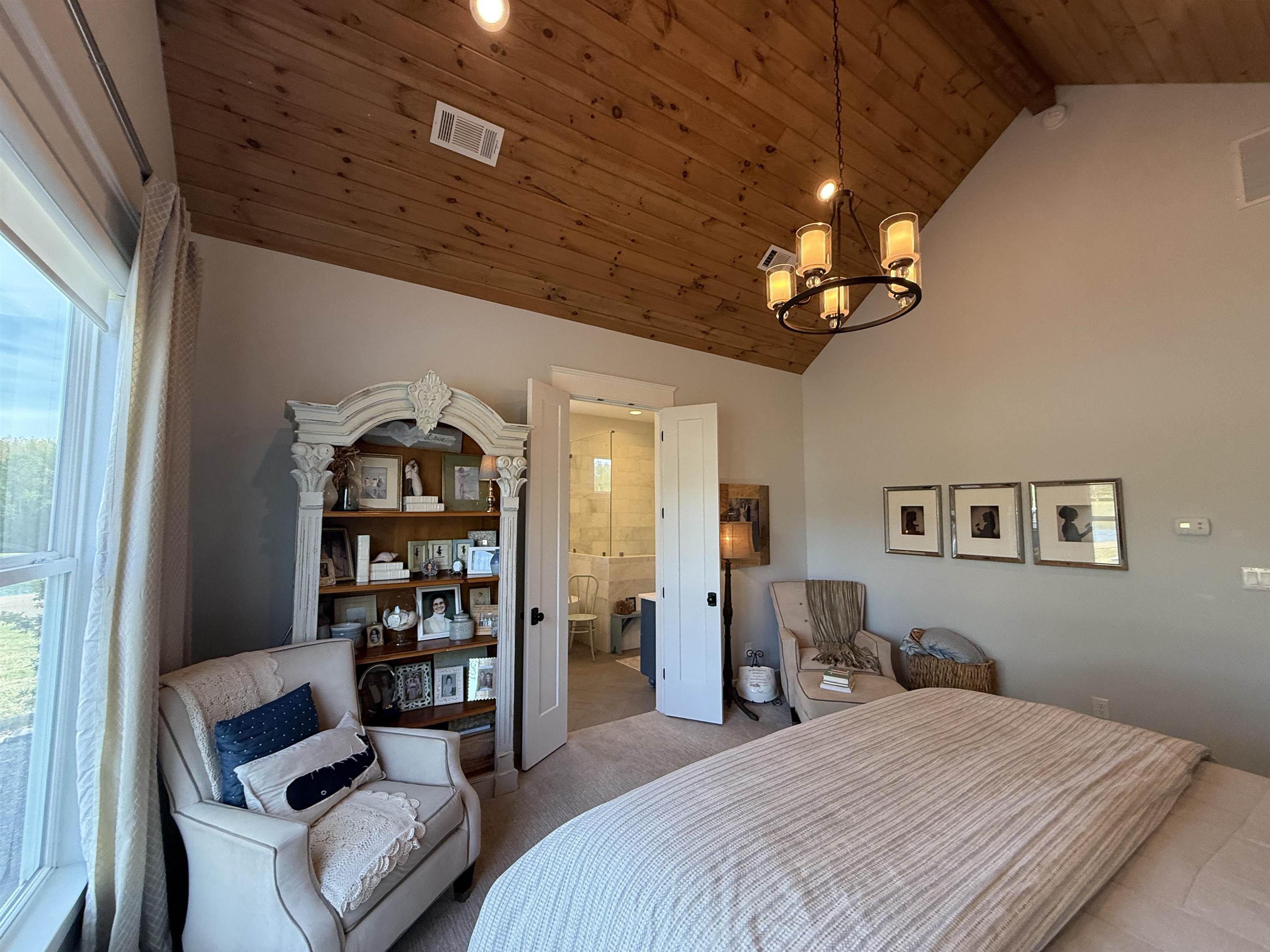 6900 Salem Road Lakeland, TN 38002 - Photo 23 of 40 Bedroom with a high wooden beamed ceiling, carpet floors, hanging lights, and ensuite bath