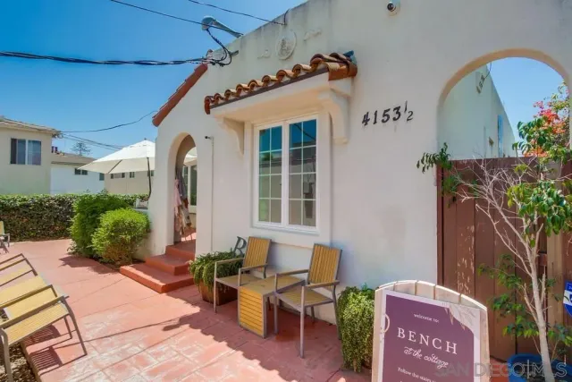 an outdoor space with seating space