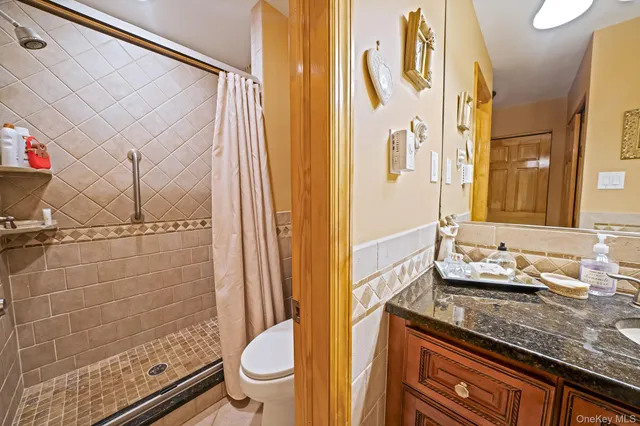 a bathroom with a granite countertop sink a toilet and shower
