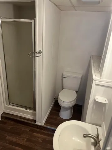 a bathroom with a toilet and a shower