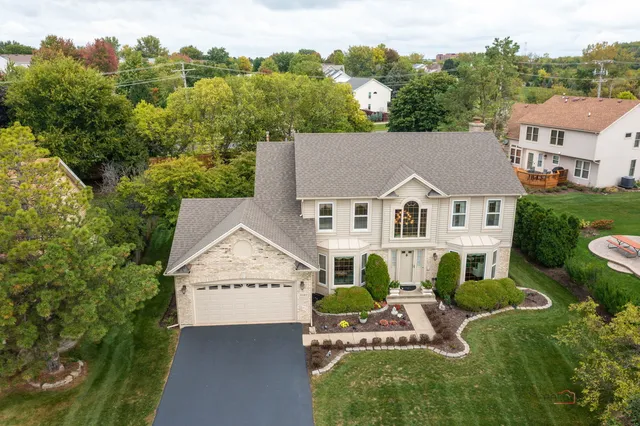 an aerial view of a house with garden