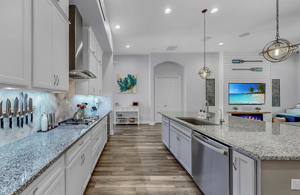 7709 Paradiso Drive Apollo Beach, FL 33572 - Photo 14 of 64 a large kitchen with stainless steel appliances kitchen island granite countertop a large counter top a stove a sink and a wooden floors