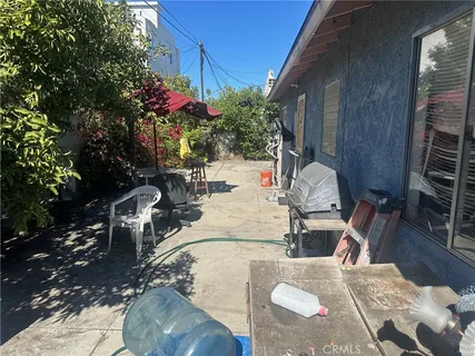 an outdoor space with seating