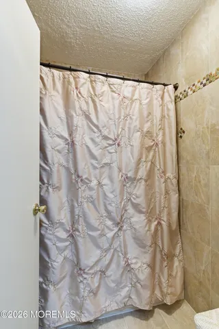 a bathroom with a shower curtain