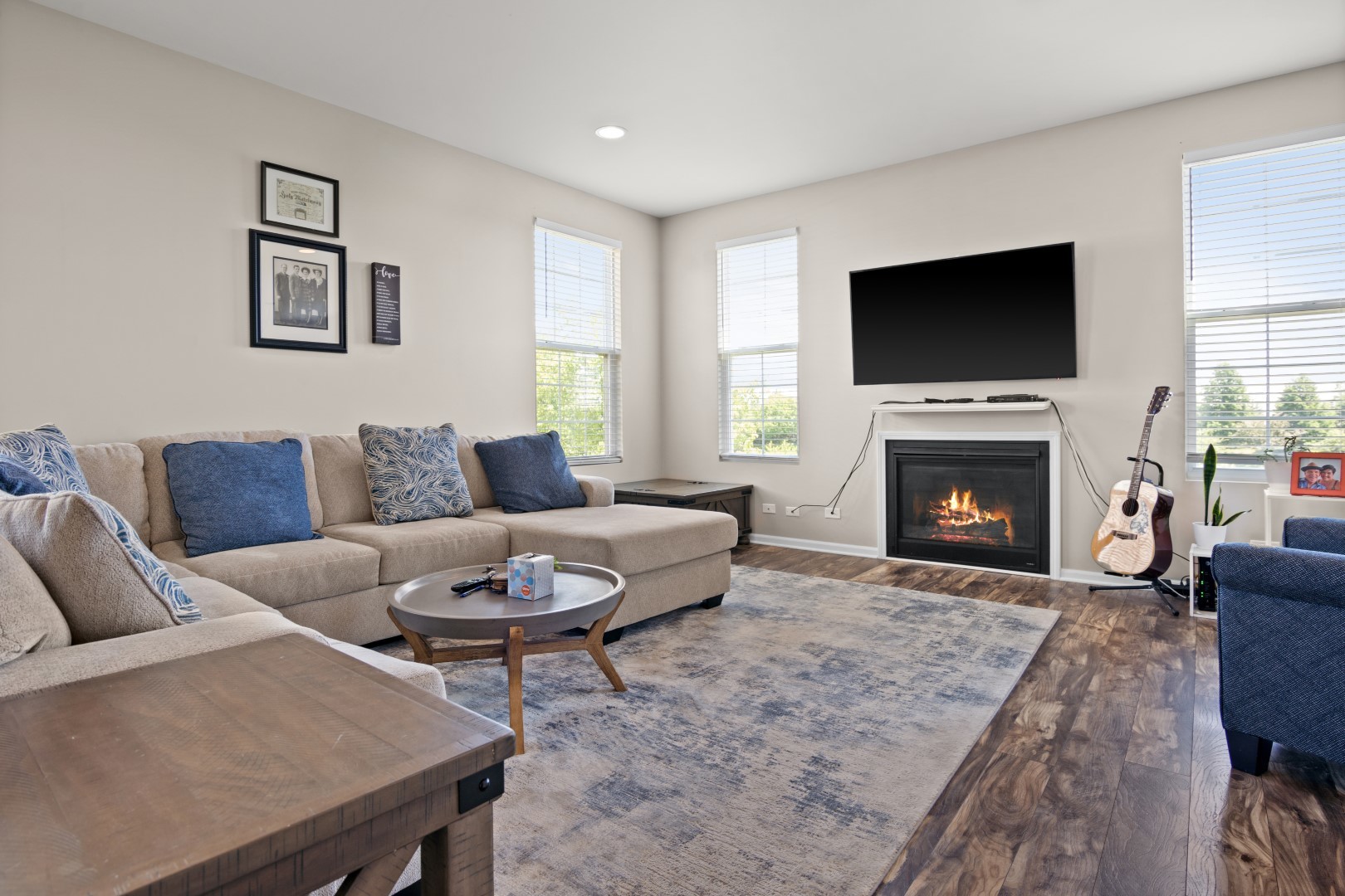 2919 Church Road Aurora, IL 60502 - Photo 5 of 28 a living room with furniture a flat screen tv and a fireplace