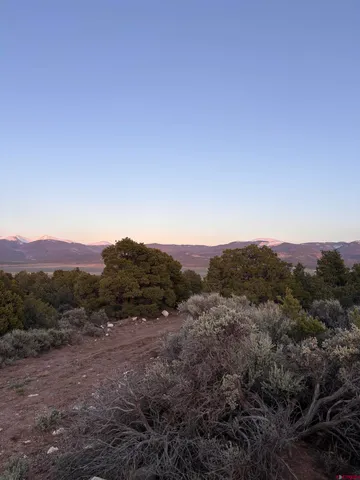 a view of a mountain in the distance in a field