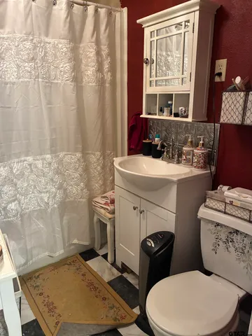 a bathroom with a toilet a sink and a mirror