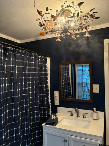 a bathroom with a sink vanity and a mirror