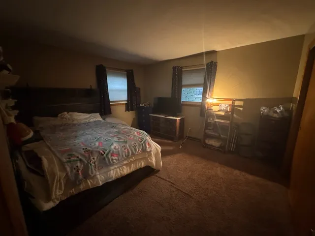a bedroom with a bed and a television