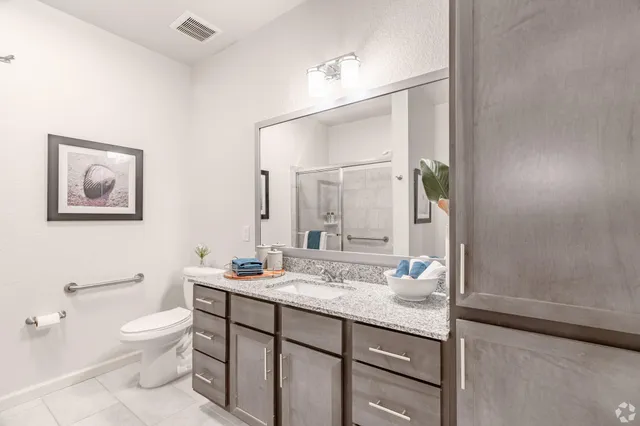 a bathroom with a granite countertop sink a toilet and a mirror