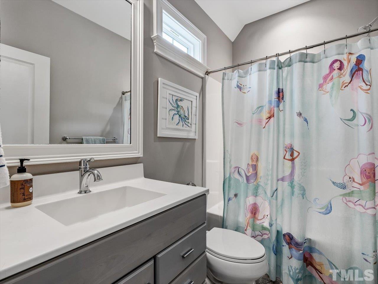 6427 Rosny Road Raleigh, NC 27613 - Photo 39 of 53 a bathroom with a sink a toilet a shower curtain and a mirror