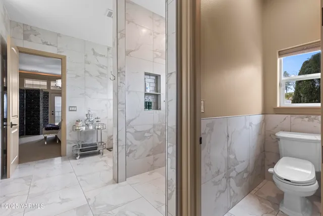 a bathroom with a toilet and a shower