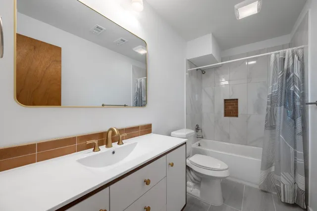 a bathroom with a toilet a sink a mirror a shower and vanity