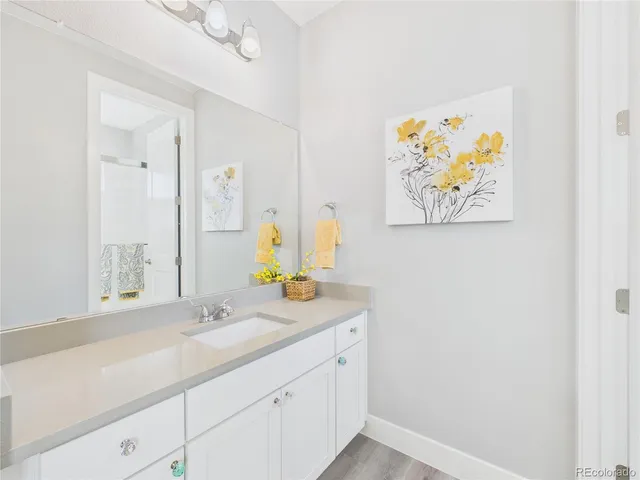 a bathroom with a sink mirror and vanity