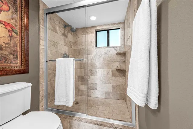 a bathroom with a shower and toilet