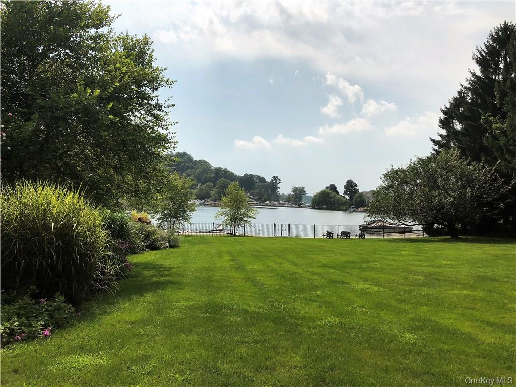 a view of a garden with a house in the background