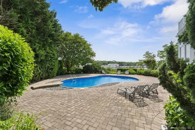a view of a swimming pool with a yard