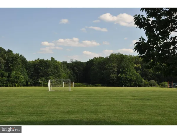a view of a big yard with a bench and trees