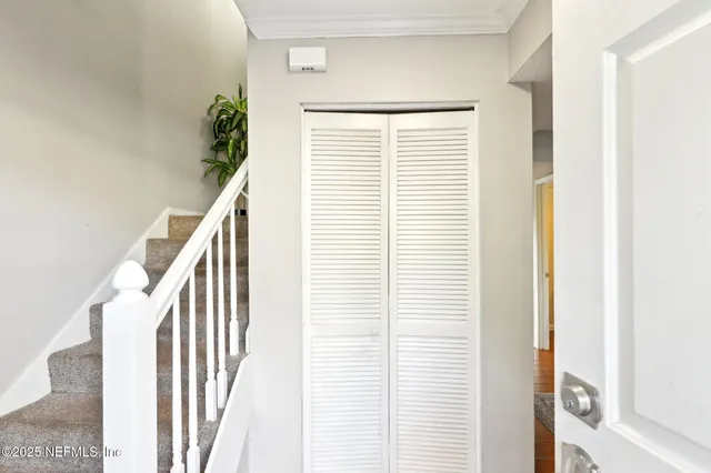a view of staircase with railing and a potted plant