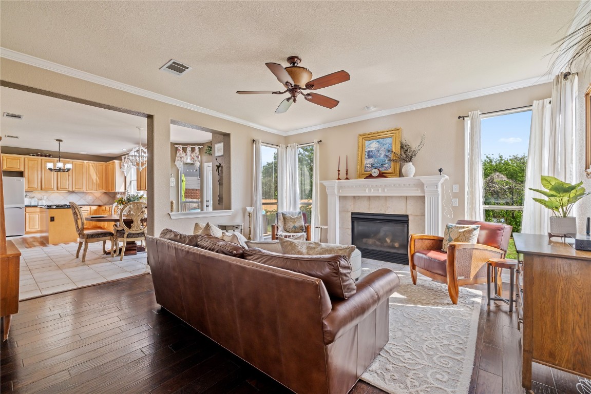 100 South Ridge Circle Georgetown, TX 78628 - Photo 5 of 37 Living room featuring a tiled fireplace, a wealth of natural light, ceiling fan with notable chandelier, and visible vents