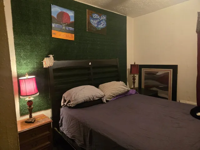 a bedroom with a bed and a dresser