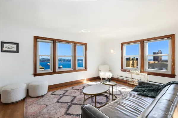 a living room with furniture and floor to ceiling window