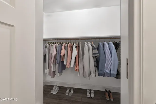 a view of walk in closet with clothes and shoes