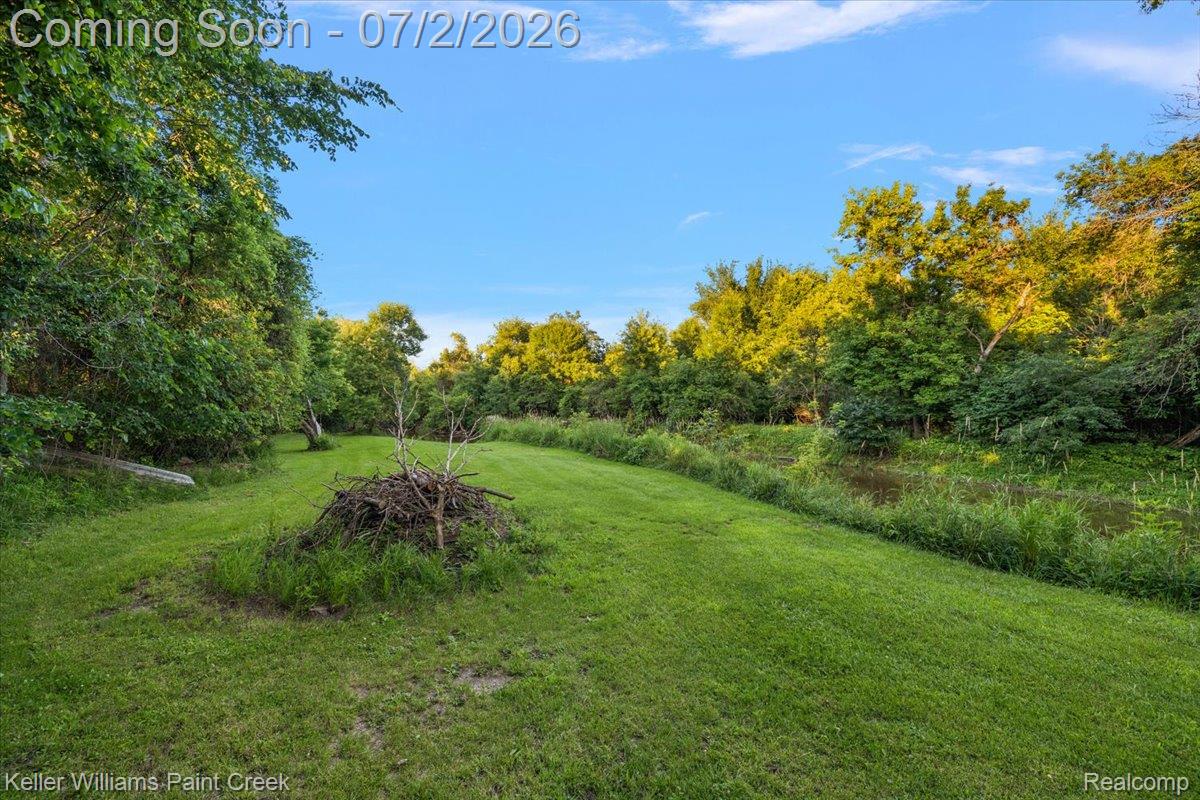 54230 Card Road Macomb, MI 48042 - Photo 21 of 73 Expansive green lawn bordered by mature trees and a natural water feature