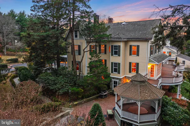 a view of a patio with table and chairs potted plants and large tree