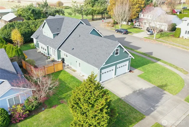 a aerial view of a house with a yard and potted plants