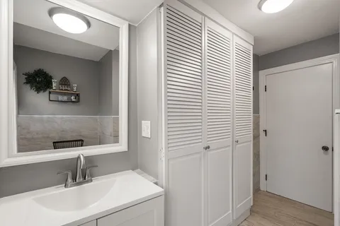 a bathroom with a sink and a mirror