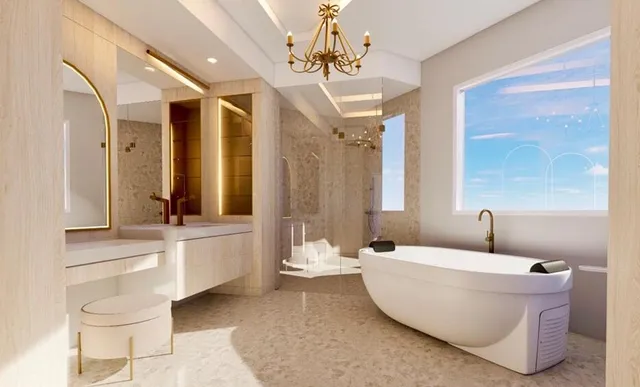 a bathroom with a bathtub and a double vanity sink mirror