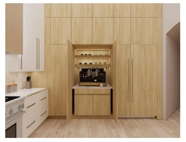 a kitchen with a stove and a refrigerator