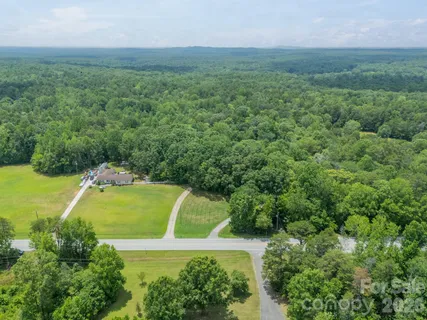 an aerial view of a residential houses with trees and grass