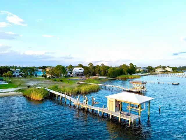 a view of a lake with a garden
