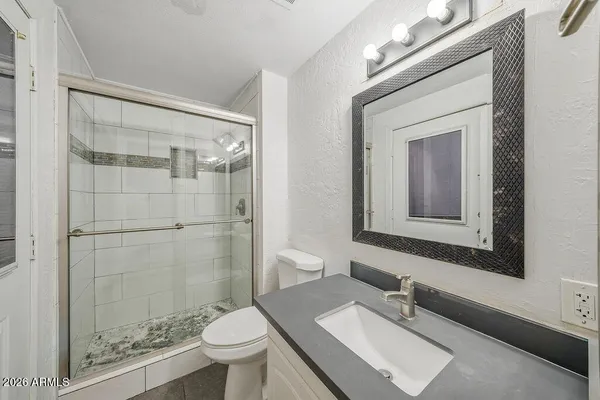 a bathroom with a sink a toilet and shower