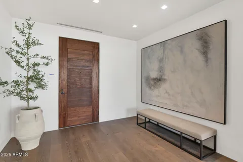 a view of an empty room with a potted plant and a shower