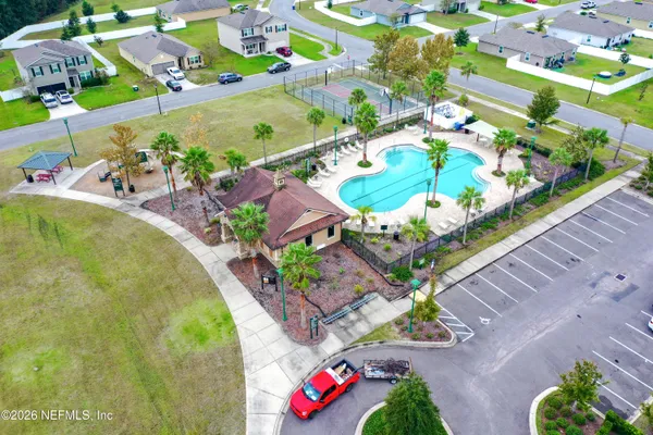 an aerial view of a swimming pool