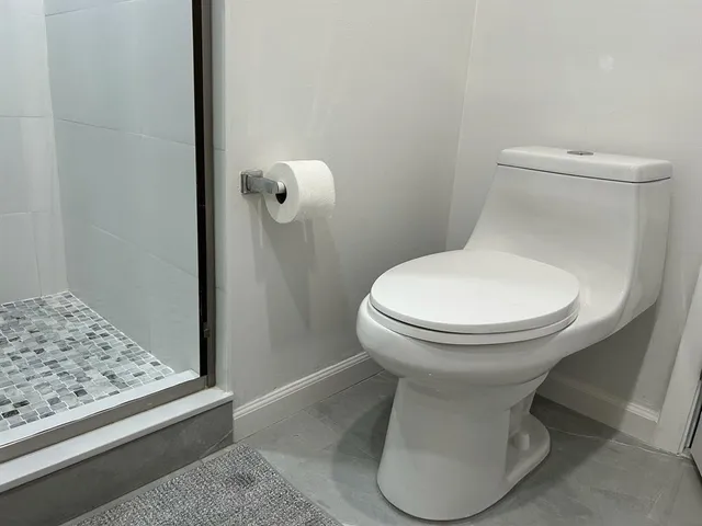 a bathroom with a toilet and a shower