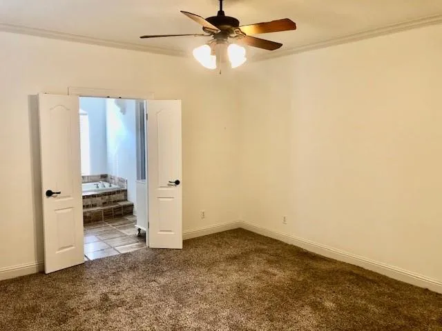 an empty room with windows and ceiling fan view